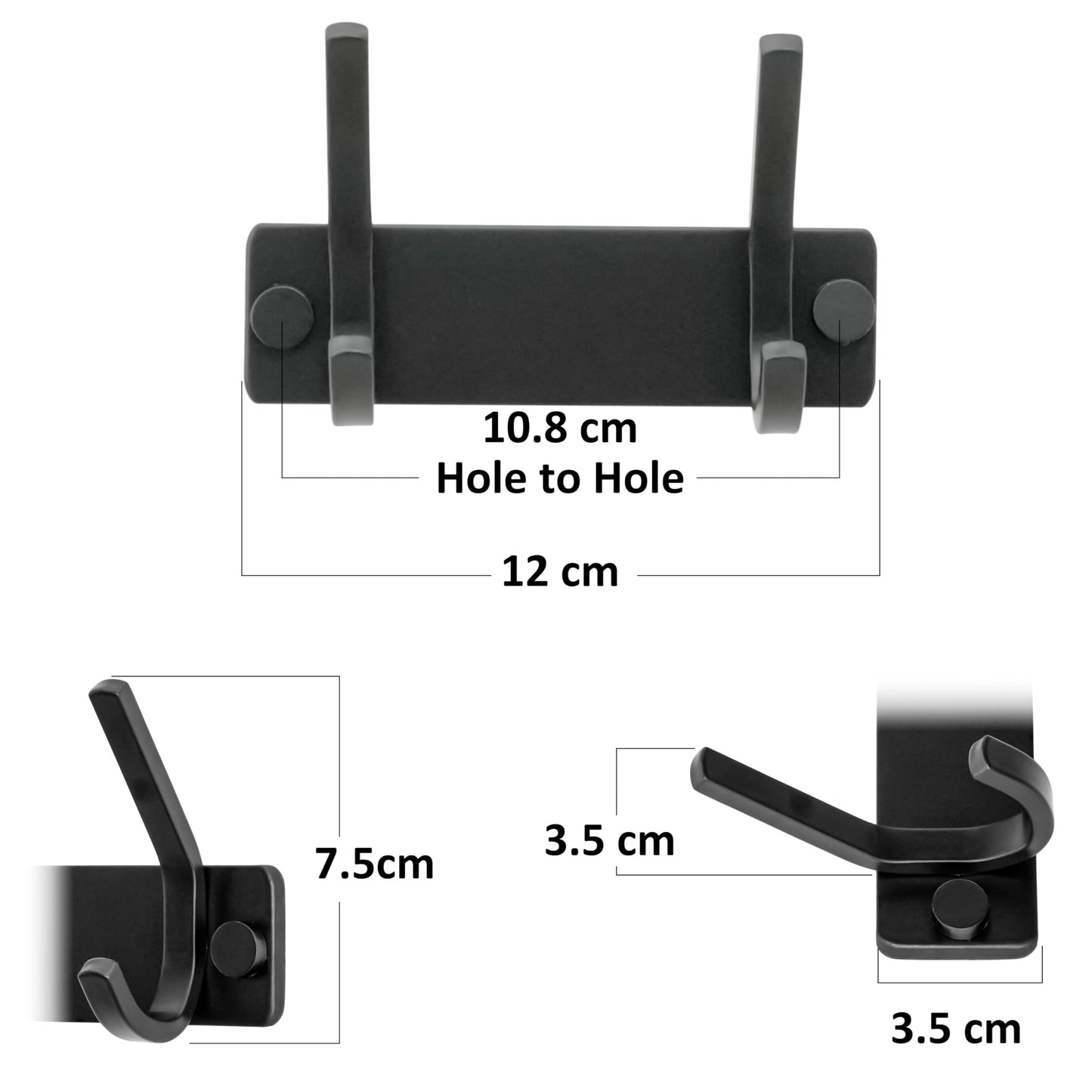 HONSKY Wall Coat Rack, 12cm Towel Rack, Painted Metal Wall Coat Hanger with 2 Double Hooks (4 Single Hooks),for Hanging Coat, Hat, Bag, Towel