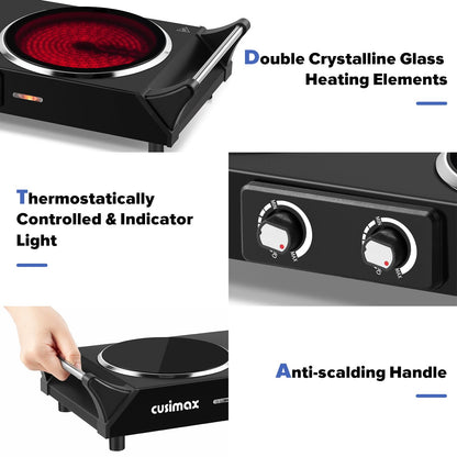 CUSIMAX Electric Hob, Hot Plates for cooking Portable Double Hob with Handles Infrared Cooktop & Dual Temperature Control, 2 Hob Rings (900W & 1200W)