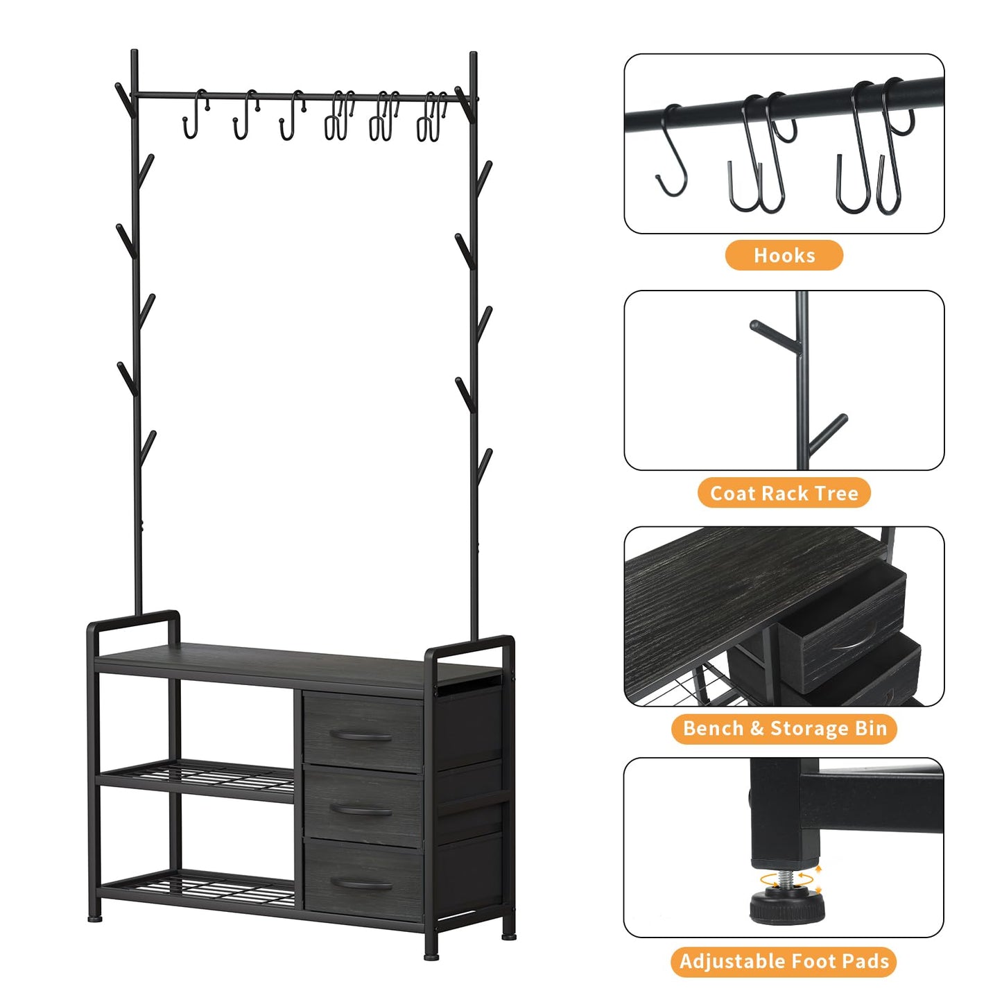 Free Standing Coat Rack Rustic Hall Tree 33"x12"x69.3" Black Wood Veins