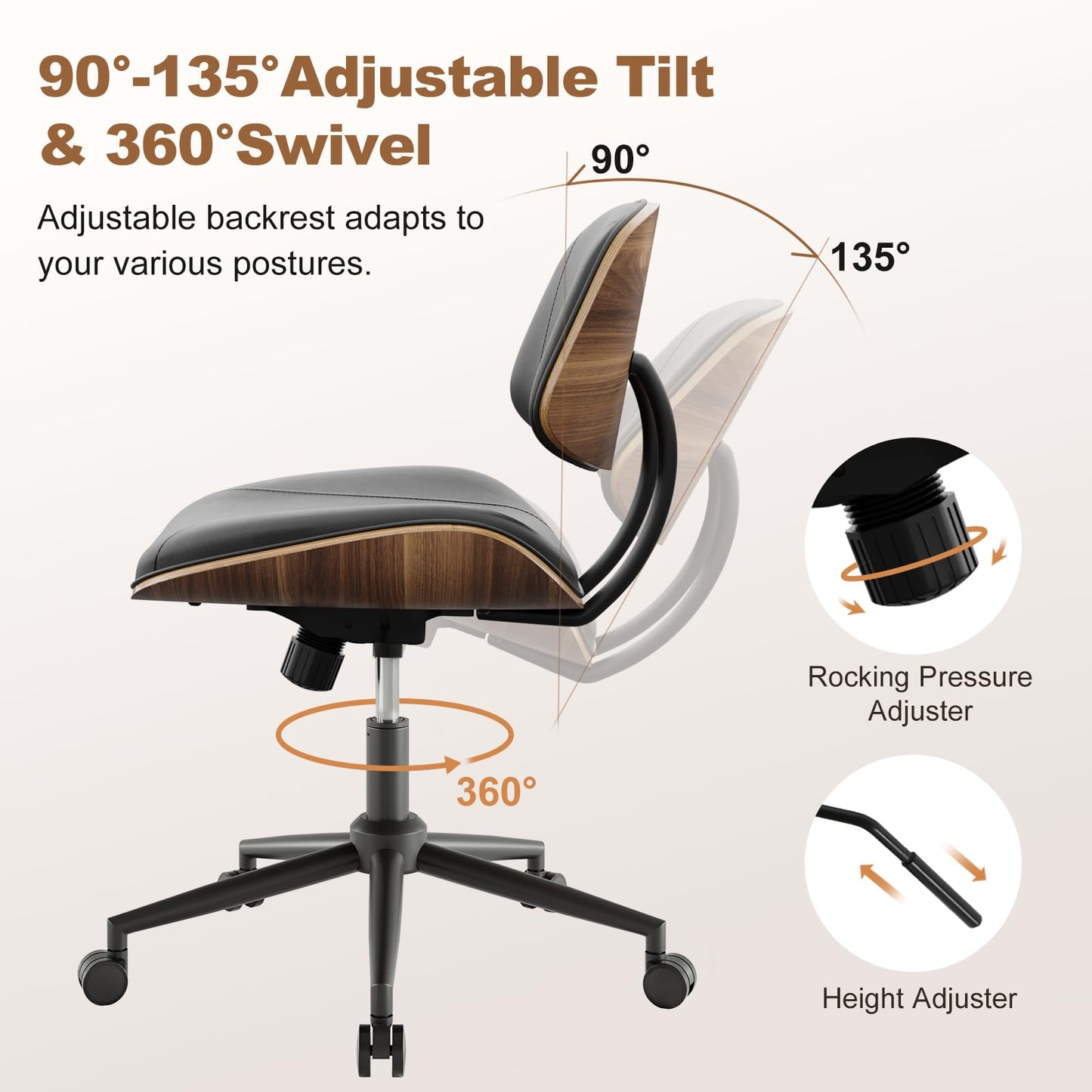 BERYTH Office Chair Comfy Small Ergonomic Office Chair with Wheels Desk Chair Modern Swivel With Adjustable Height Capacity up to 136 kg Study