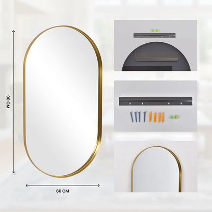 LunaMirror Wall Mirror Oval 60x90 CM Wall-Mounted Bathroom Vanity Mirror Stylish Gold Mirror Wall Decor Rectangle Wall Hanging Mirror with Curved