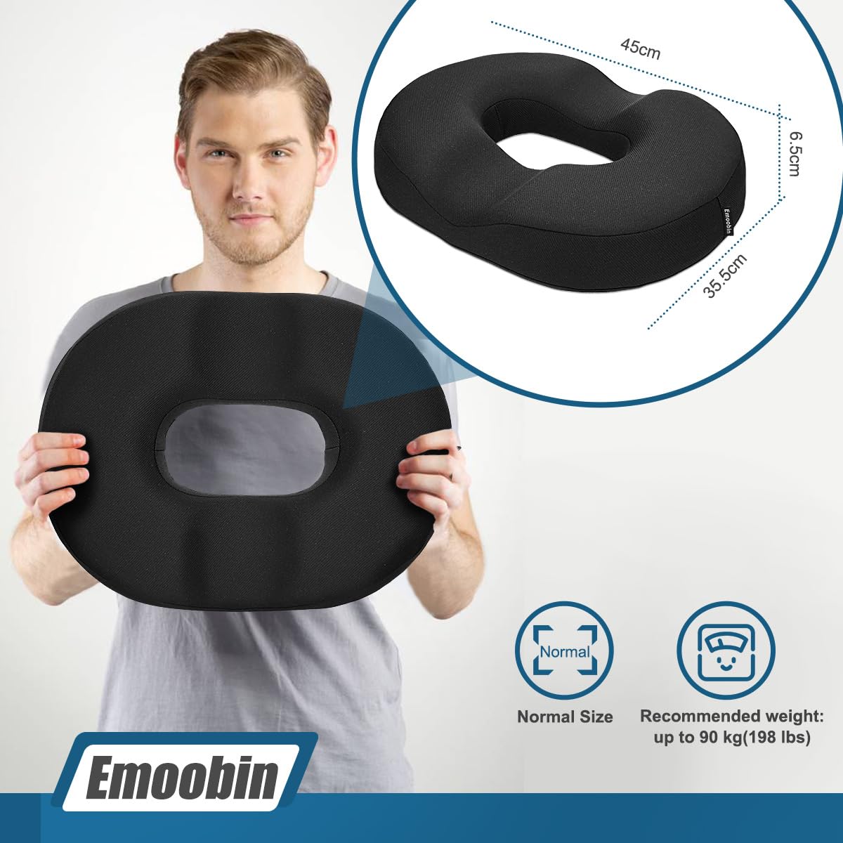 Emoobin Donut Pillow Memory Foam Seat Cushion for Office Chair, Car Seat and Wheelchair, 18 Inches Black