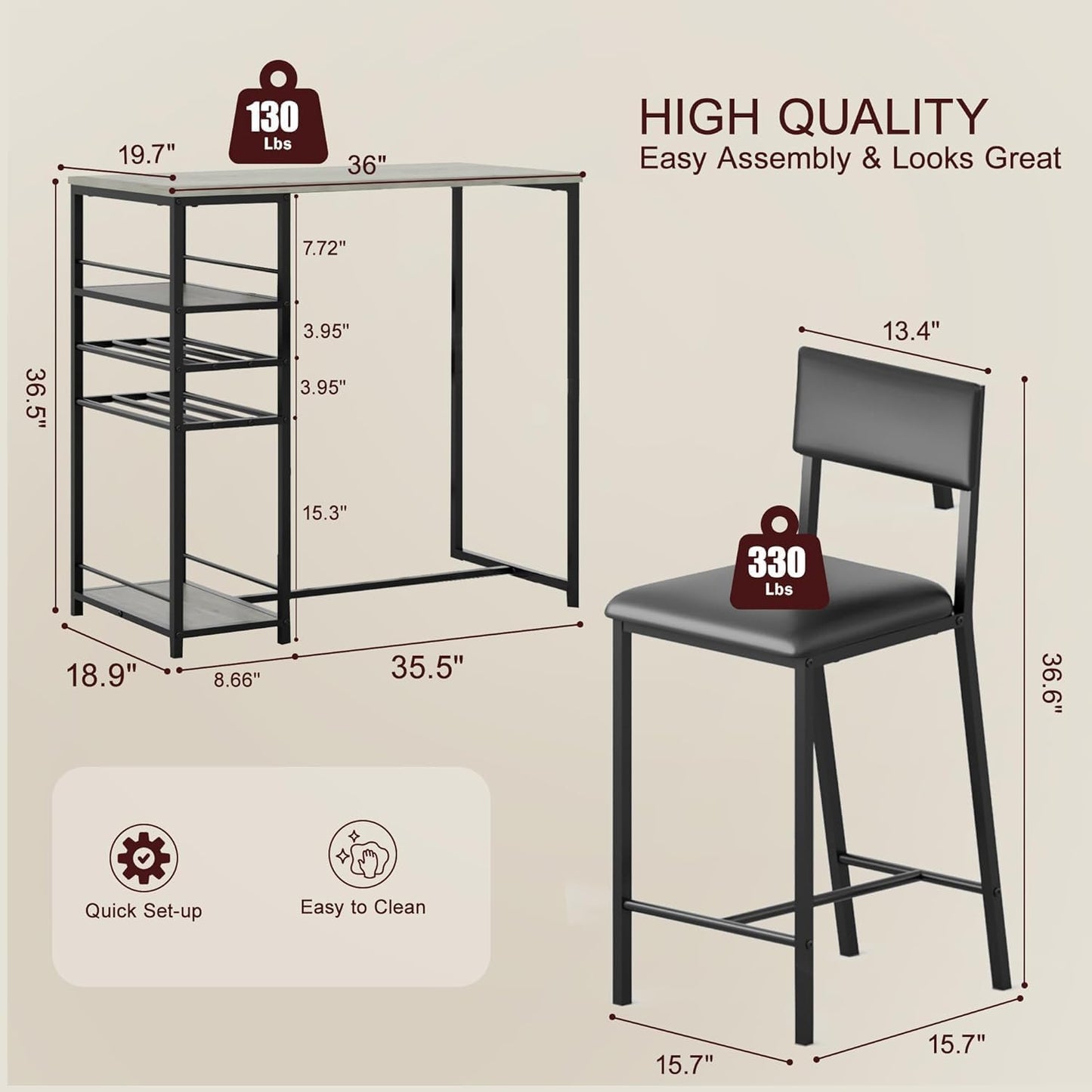 Techigher Bar Table Set, Dining Tables with 2 Upholstered Chairs, 3 Piece Counter Height Kitchen Table Set with 2-Tier Storage Shelves & 2 Wine Racks