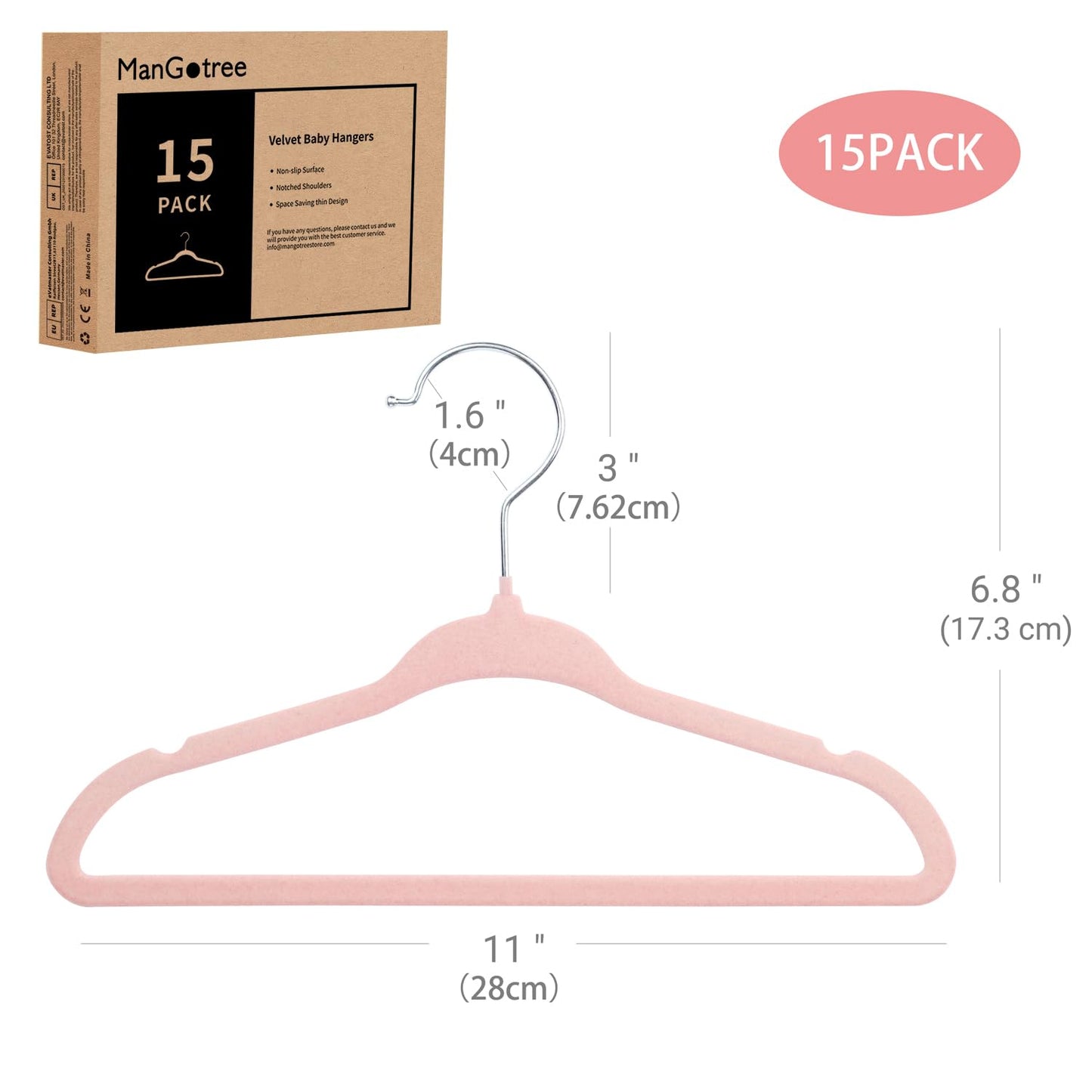 ManGotree 11" Baby Velvet Hangers Non-Slip Kids Hangers 15 Pack Light Pink