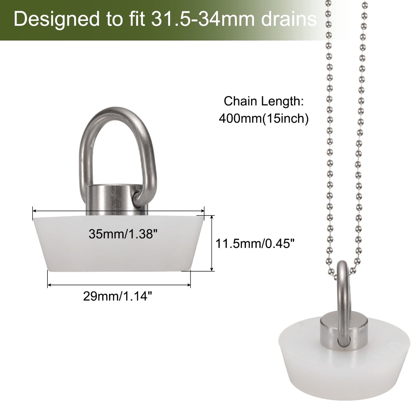 sourcing map Drain Stoppers, Silicone Bathtub Stopper Sink Plugs Caps with Hanging Ring and 15" Bead Chains for Bathtub Kitchen Bathroom