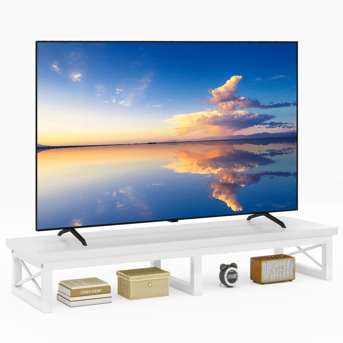 IBUYKE 114cm Large TV Riser for 32-60 inch TV,Tabletop Short TV Stand with Storage and Steel Legs,Dual Screen Office Desk,Stand Riser,TV Riser Stand