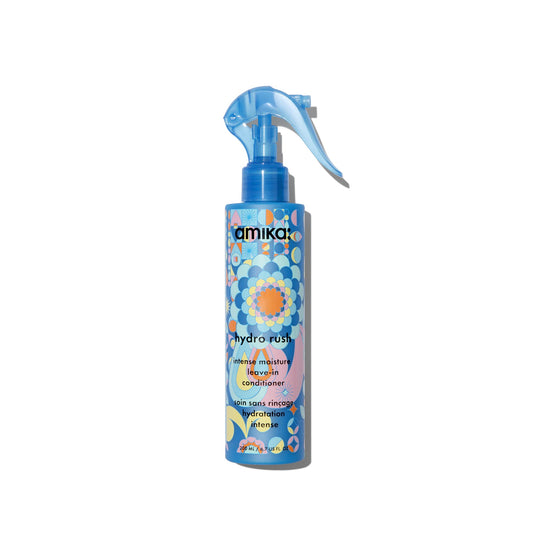 amika hydro rush intense moisture leave in conditioner spray - frizz-reducing detangling spray - hydrating hair care infused with hyaluronic acid,