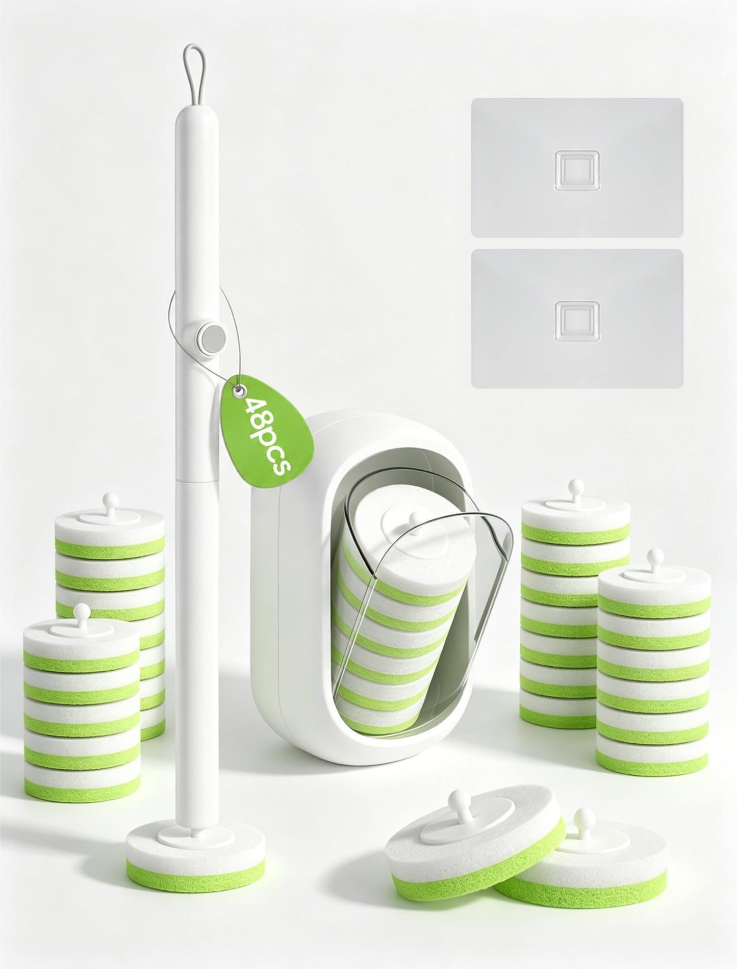 Disposable Toilet Brush Set, Wall-Mounted Toilet Cleaning Wand Kit with 48 Refill Heads, Toilet Bowl Brush and Holder Set, White and Green