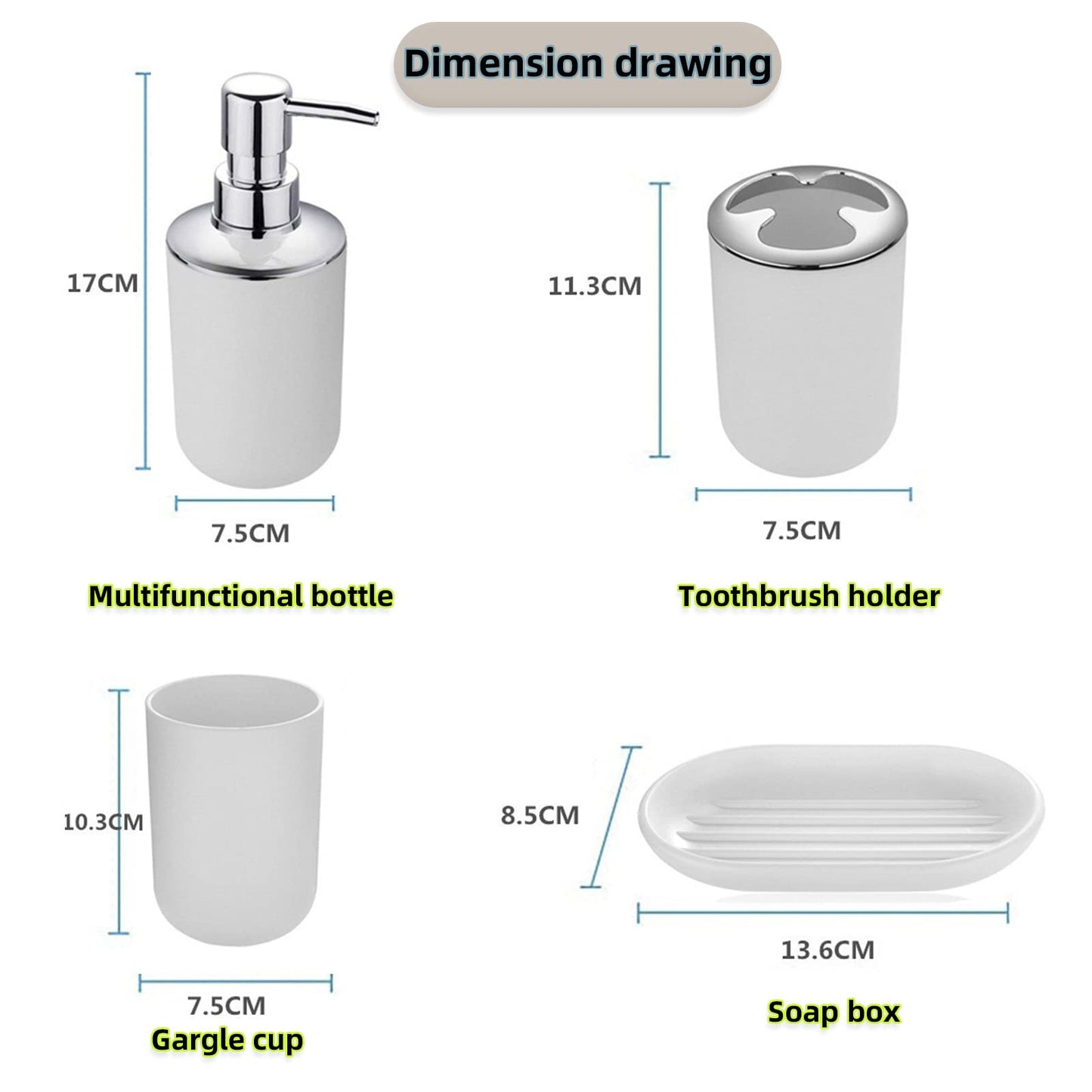 Hosoncovy 4 Pieces Bathroom Accessory Set with Soap Dispenser, Bathroom Cup, Soap Dish ，Toothbrush and Toothpaste Holder (White)
