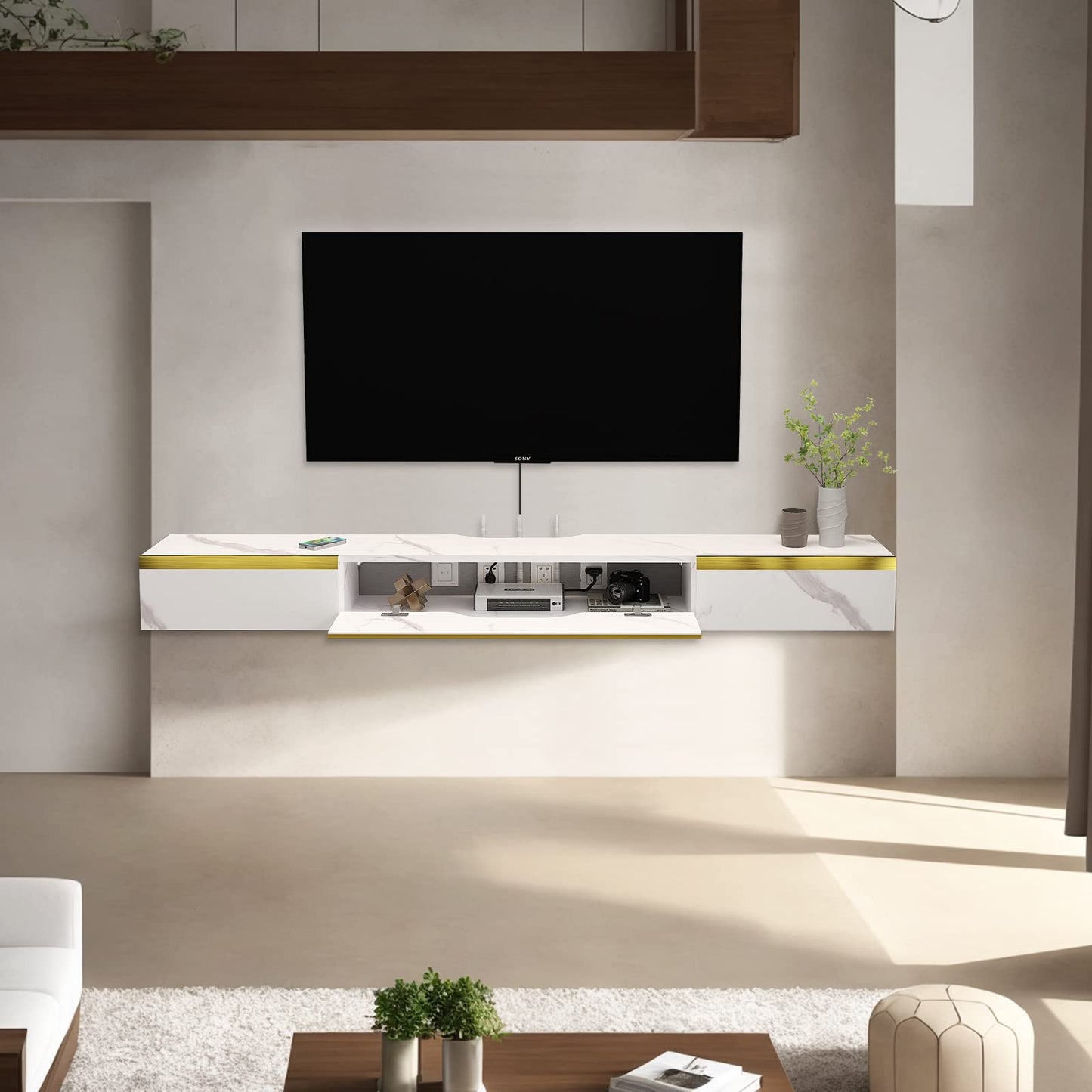 Pmnianhua Floating TV Unit, Wall Mounted TV Cabinet, Floating Shelves with 3 Doors