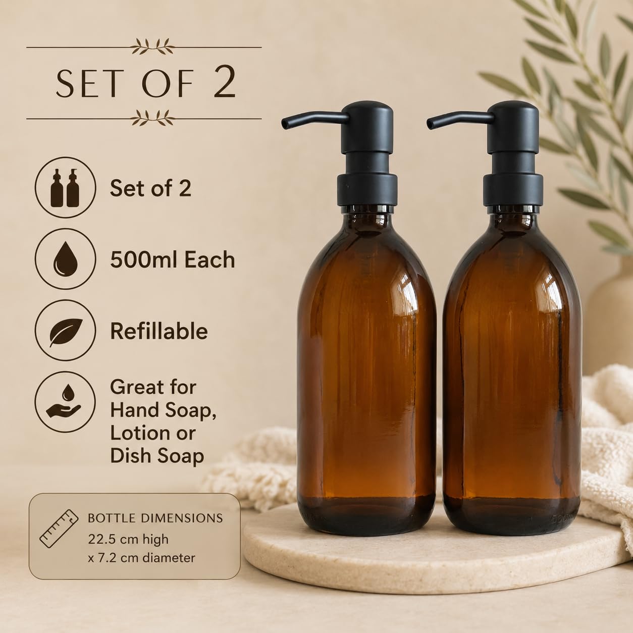 Amber Glass Bottles 500ml Soap Dispenser with Metal Pump (BPA-Free) Brown Glass Empty Soap Dispensers – Reusable Refillable Eco friendly