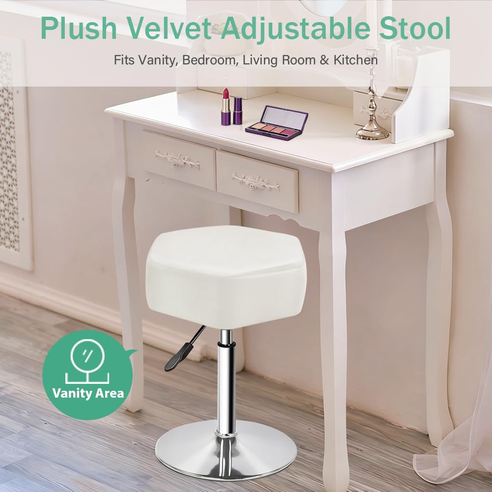 FURWOO Hexagon Beauty Stool with Velvet Cushion Height Adjustable Makeup Stool for Dressing Table Small(White)
