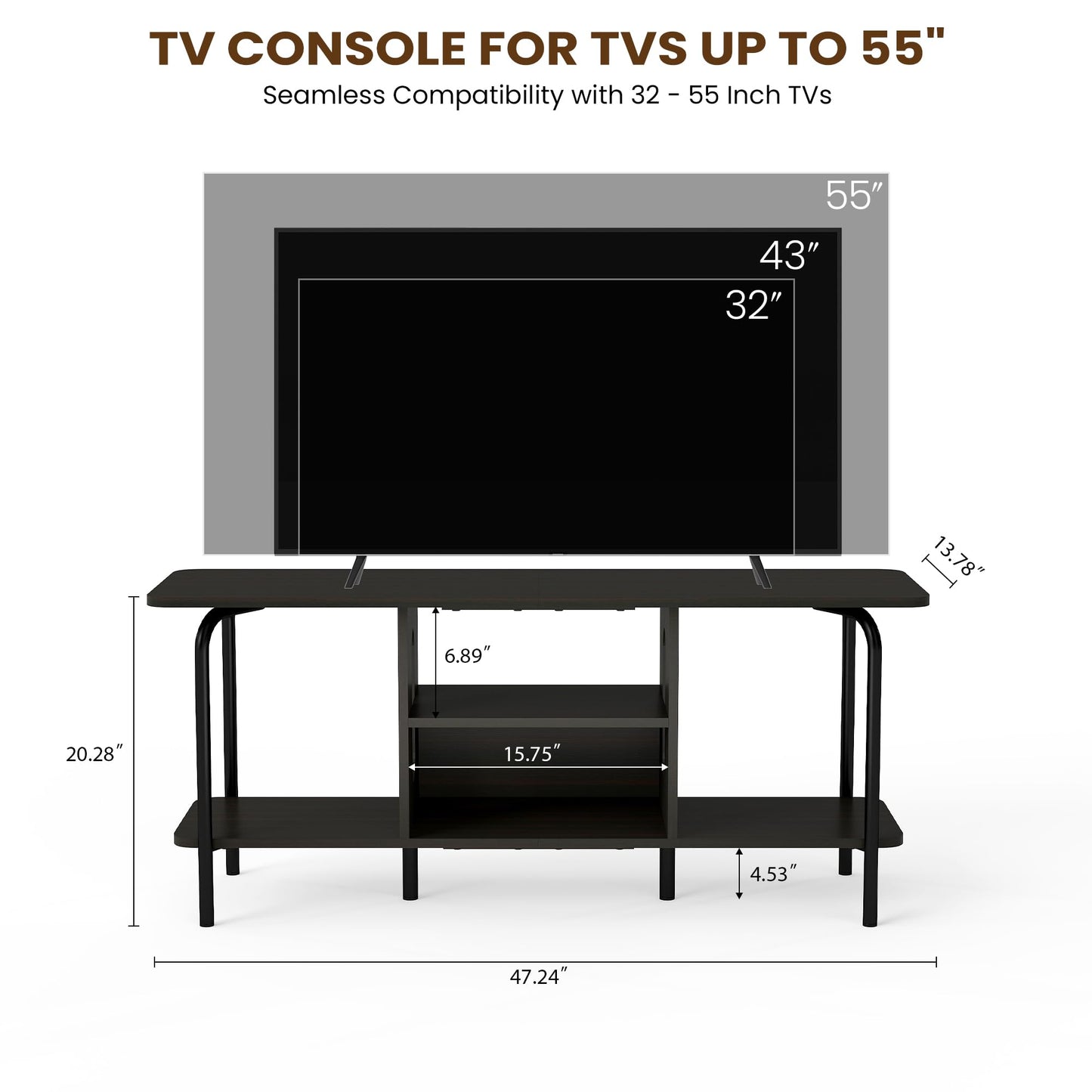 Manora Black TV Stand 120cm Arch Detail Open Shelves Fits 55 Inch TV Unit
