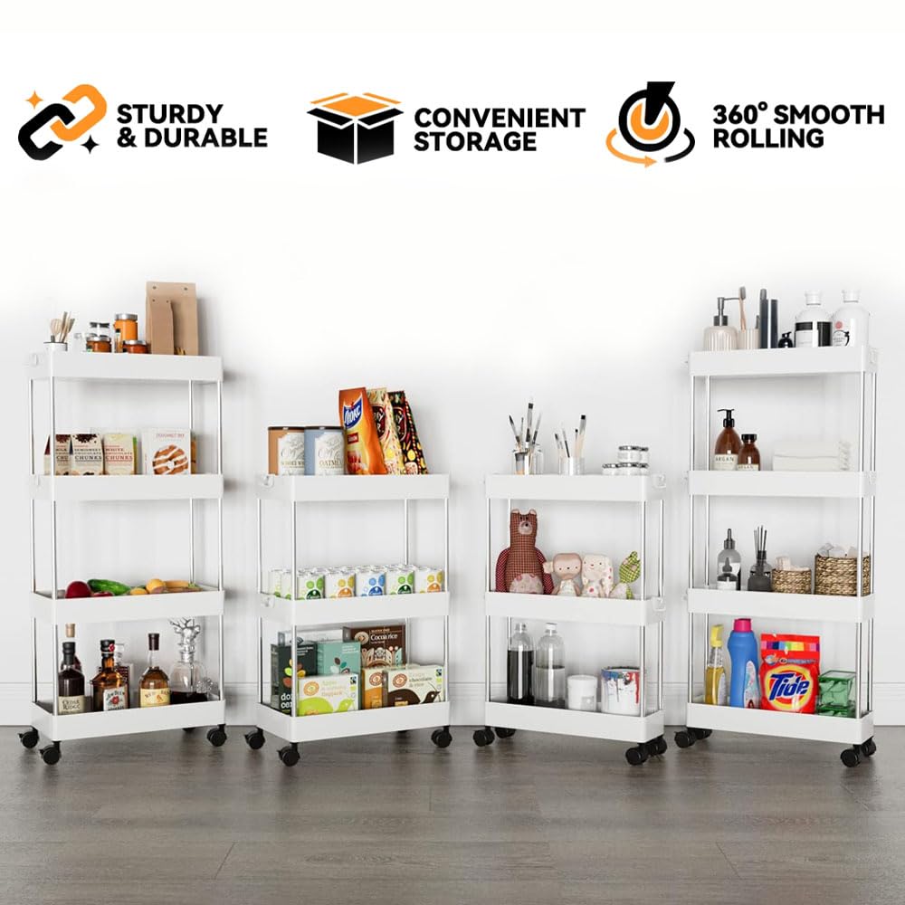 4-Tier Narrow Slim Storage Trolley Cart Slide-out Utility Mobile Shelving Space Organizer Shelf Rack Storage Cart on Wheels for Kitchen Bathroom