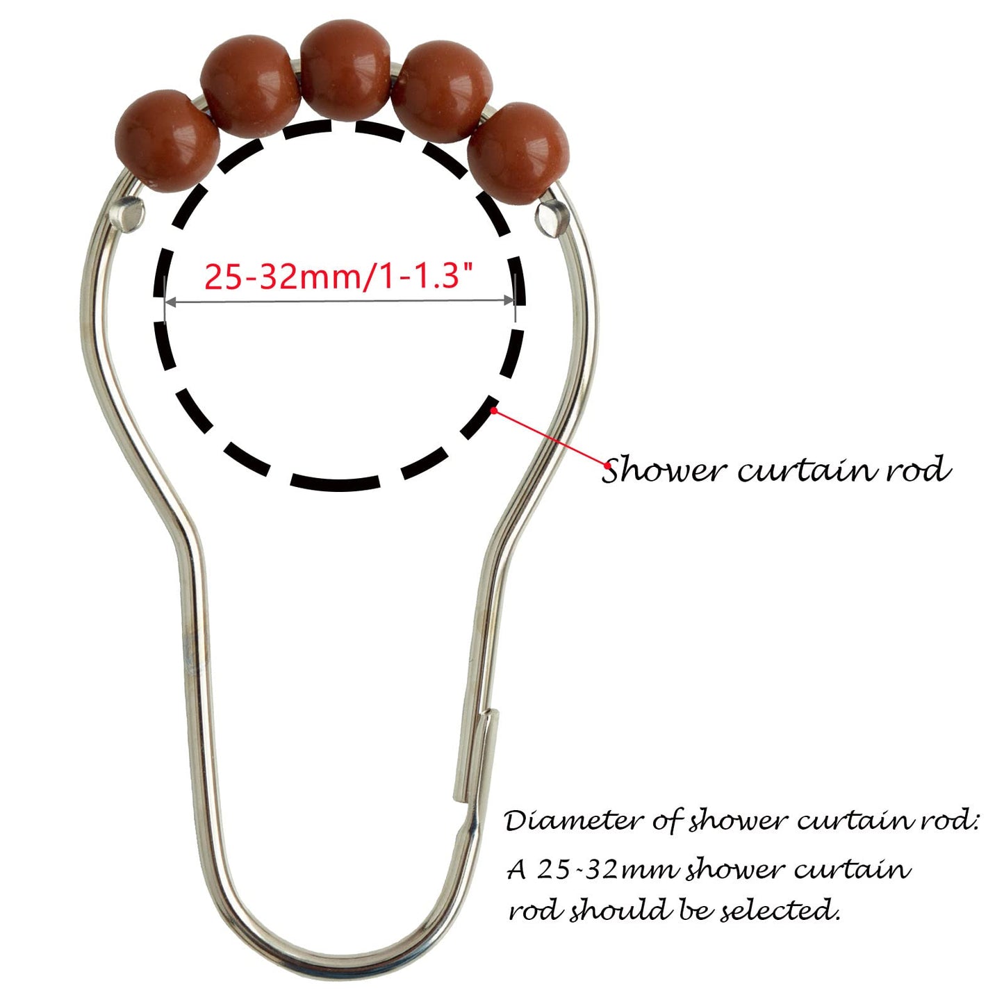 Shower Curtain Hooks Rings Stainless Steel Shower Hooks Brown Acrylic roller Balls Rustproof Heavy Duty for Bathroom Curtain(Brown/12 Pcs)