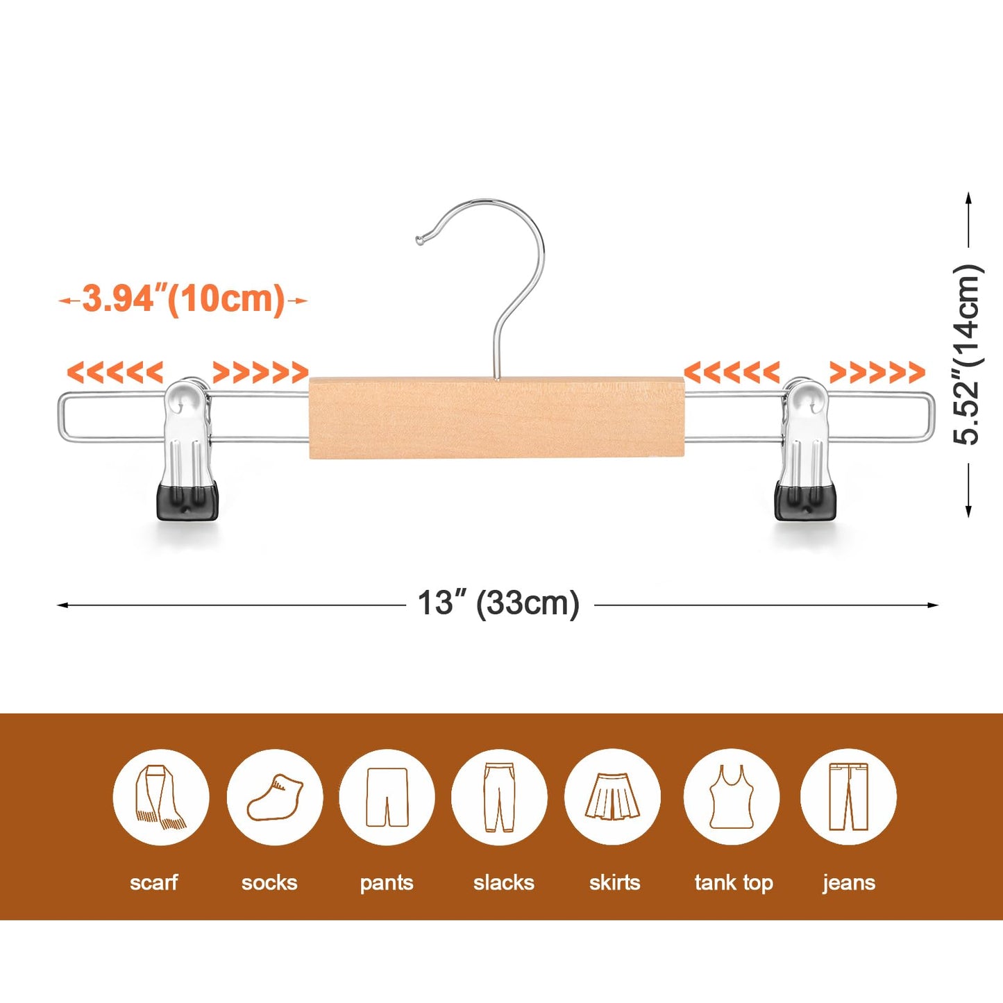 TOPIA HANGER Wooden Trouser Hangers with Clips,Wood Skirt Short Hangers