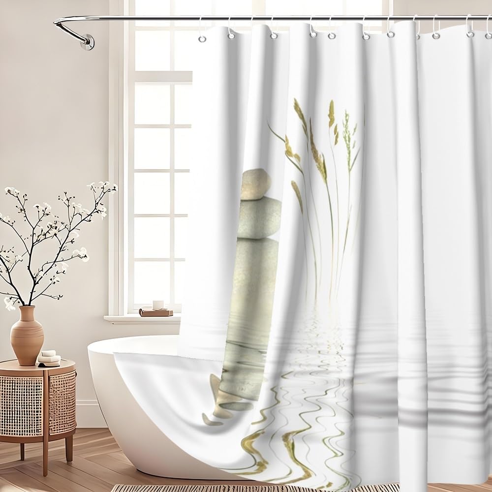 Xiaoterna Spa Garden Shower Curtain Wild Grass Reflection in Water Meditation Bathroom Curtain Rustic Spa Stone Water White Shower Curtain Machine