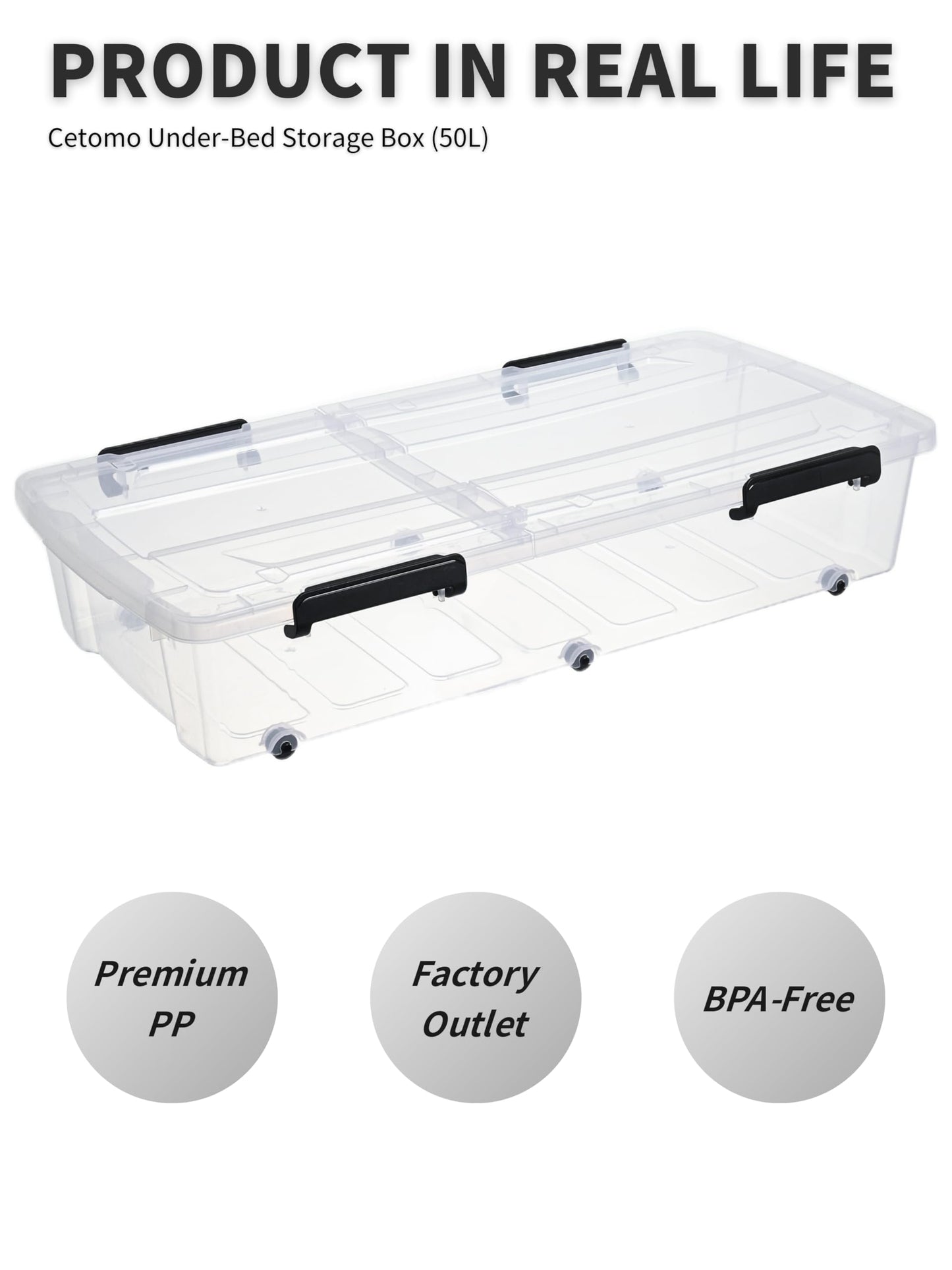 Cetomo 50L*4 Storage Boxes with Wheels, Under Bed Storage Container with Dual-Opening Lids, Durable Flat Organizing Box for Bedroom, Home, BPA-free