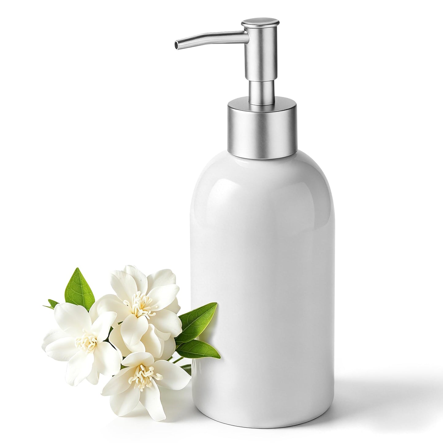 Hejo 350ml Ceramic Soap Dispenser with Matte Silver Pump, Refillable Liquid Hand Wash Soap Dispenser for Laundry Room, Bathroom & Kitchen(White)