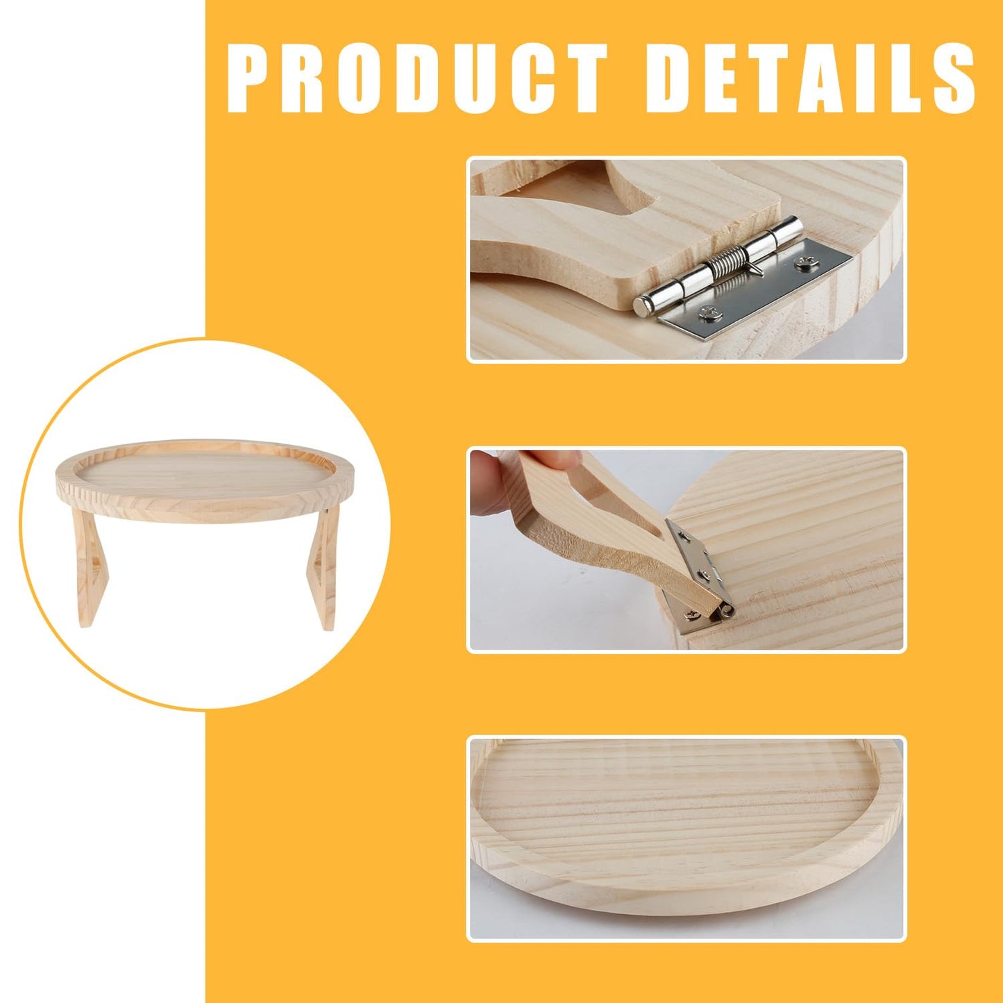 wellrun Natural Pine Wood Sofa Armrest Tray,Foldable Clip-On Side Tables for Couch,Portable Round Arm Table for Drinks Snacks Remote Books