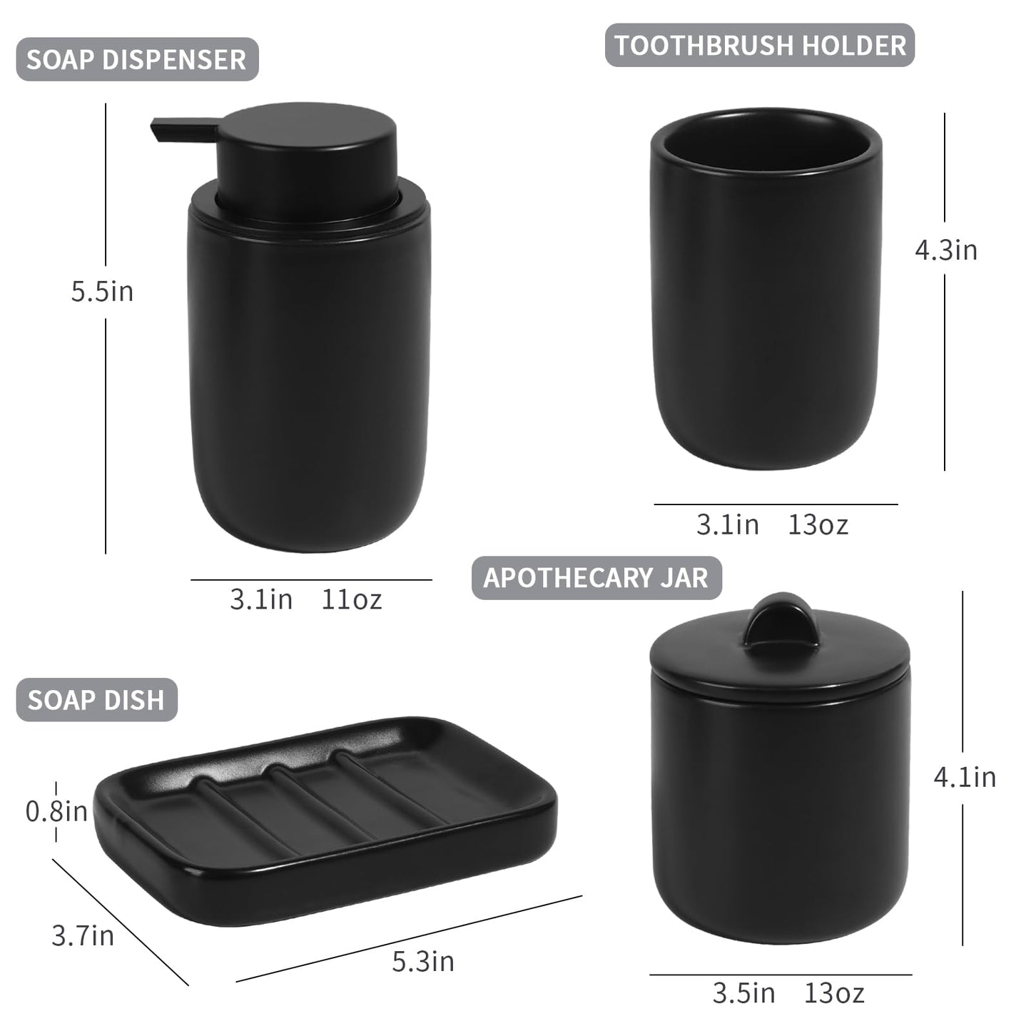 BosilunLife 4 pcs Ceramic Bathroom Accessories Set - Black Bathroom Counter Soap Set, Foam Dispenser, Soap Dish, Toothbrush Holder/Tumbler