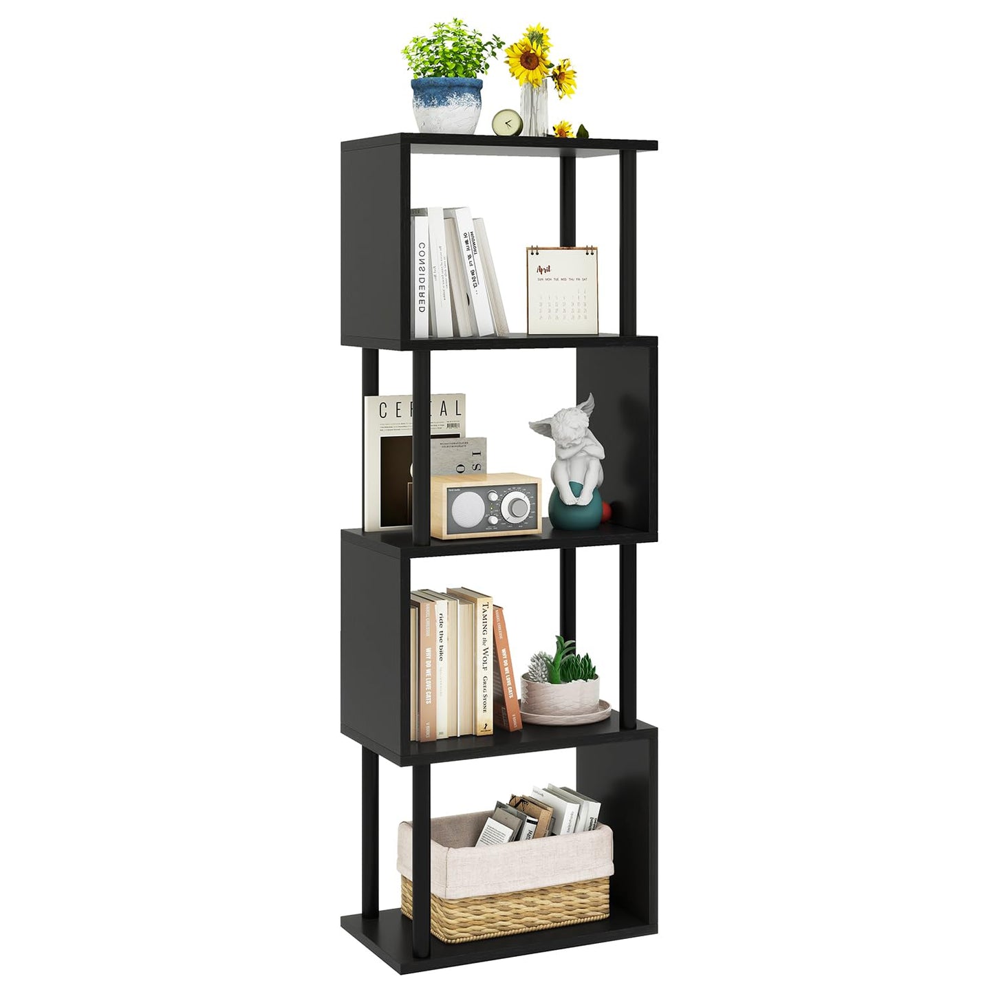 IBUYKE 5-Tier Tall Bookshelf,S-Shaped Geometric Bookcase,Black WBC015B