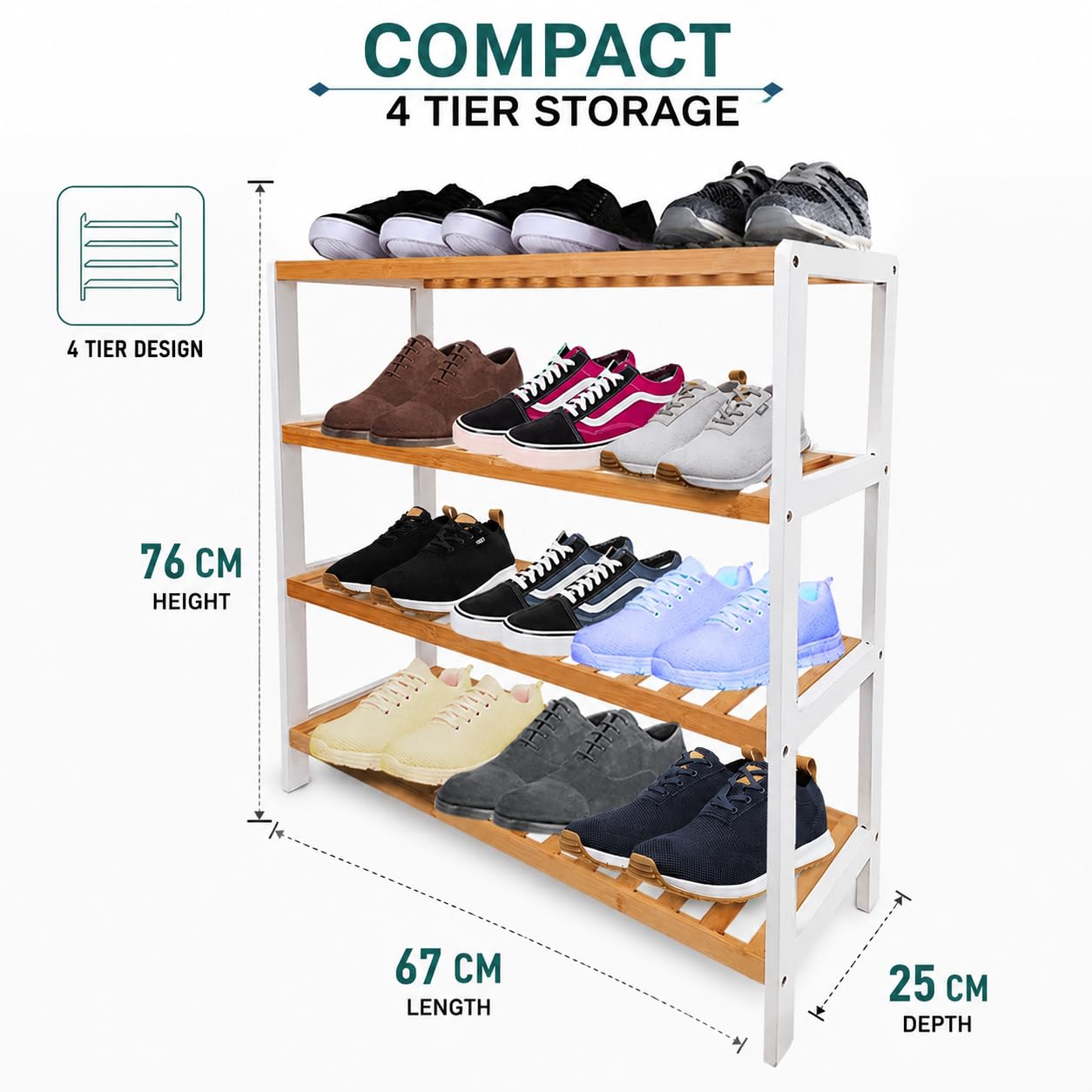 1ABOVE Bamboo Shoe Rack, Plant Rack, Perfect for Corridor, Living Room, Bathroom, Bedroom, Hallway or Small spaces-Parent. (White & Natural, 4 Tier)