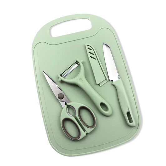 KRIZJUES Kitchen Peeler Set of 4 - Vegetable Peeler, Food Scissor, Cutting Board and Knife for Office, Dorm, Travel (Green)