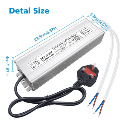 inShareplus LED Power Supply, 24V 200W IP67 Waterproof Outdoor Driver, AC 170-265V to DC 24V 8.3A Low Voltage Transformer, Adapter with 3-Prong Plug