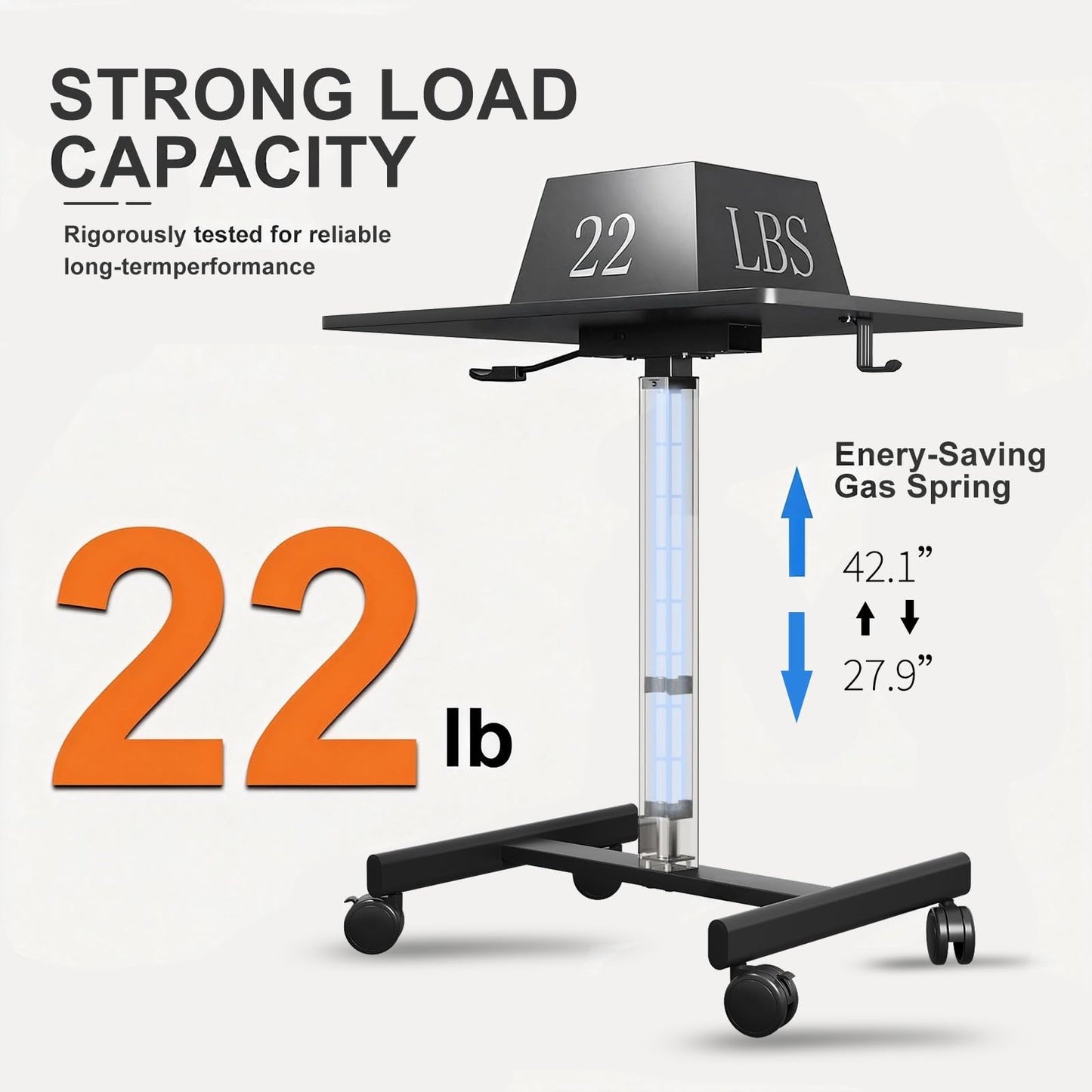 Gamork Mobile Desk on Wheels, Pneumatic Height Adjustable, Black
