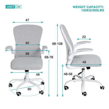 Fullwatt Ergonomic Desk Chair - Flip-up Armrest Mesh with Lumbar Support, Mid-Back for Home Office & Conference Rooms, Grey