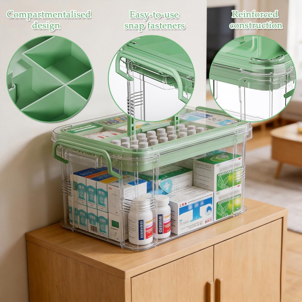 SINBINTA 2-Pack Clear Plastic Medicine Storage Organiser (Green)