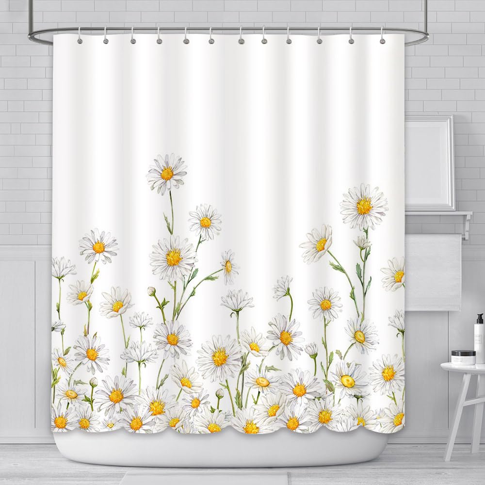 AIBIIN White Daisy Shower Curtain Spring Floral Rustic Farmhouse Blossom Fabric Bath Curtain Bathroom Decor Set with 12 Hooks 180x180cm
