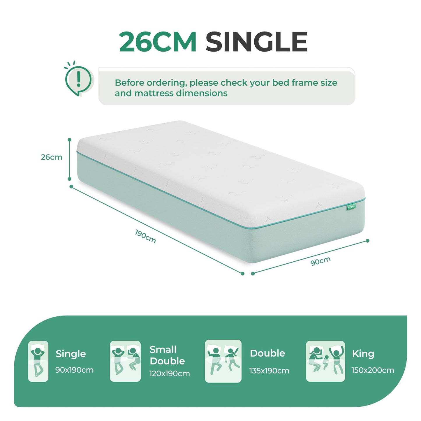 Uliyati Single Mattress Gel Memory Foam Mattress Medium Firm 90x190x26CM