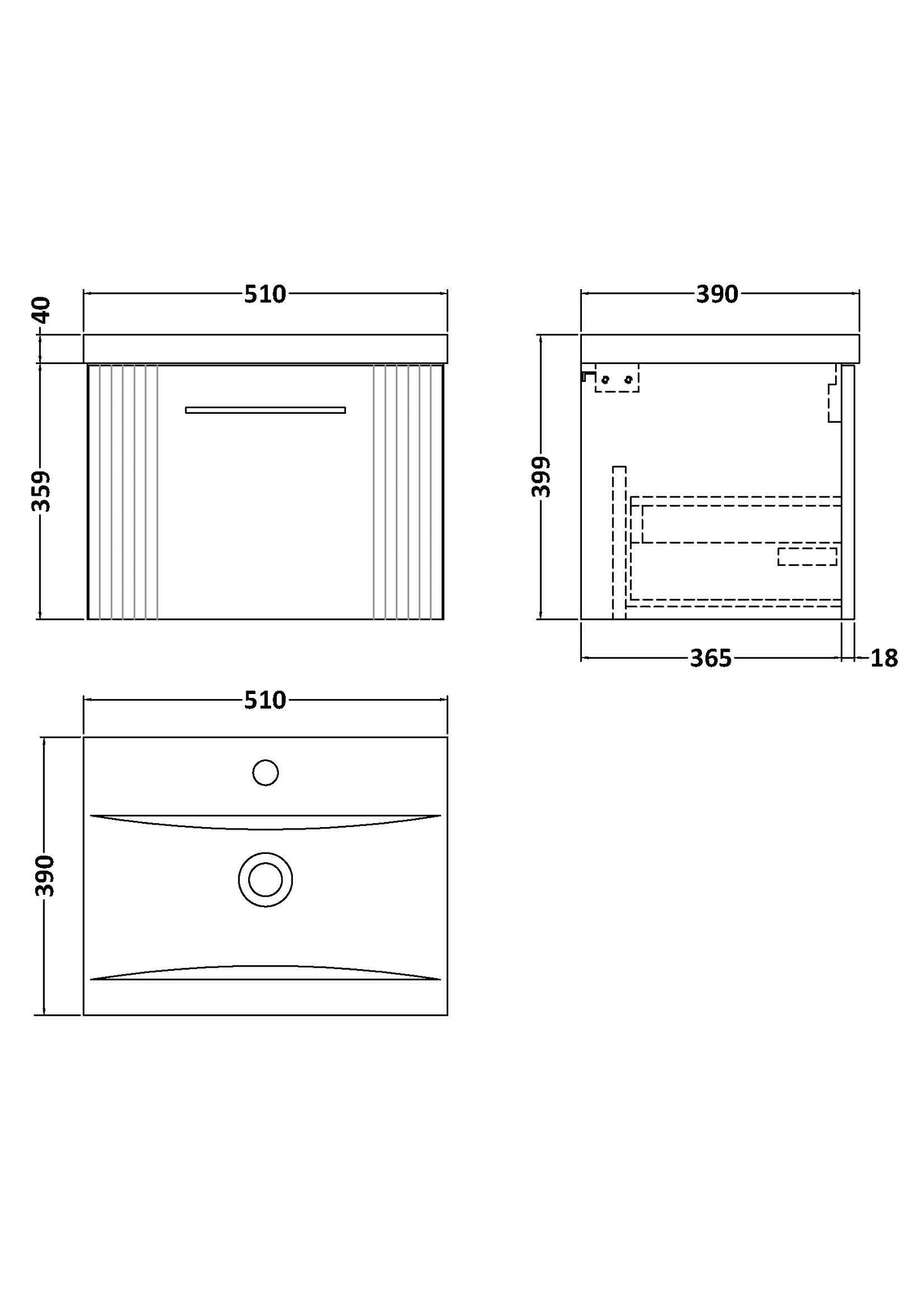 nuie DPF391A Deco Modern Bathroom Wall Hung 1 Drawer Part Fluted Vanity Basin Unit with Mid-Edge Ceramic Basin, 500mm, Satin Blue