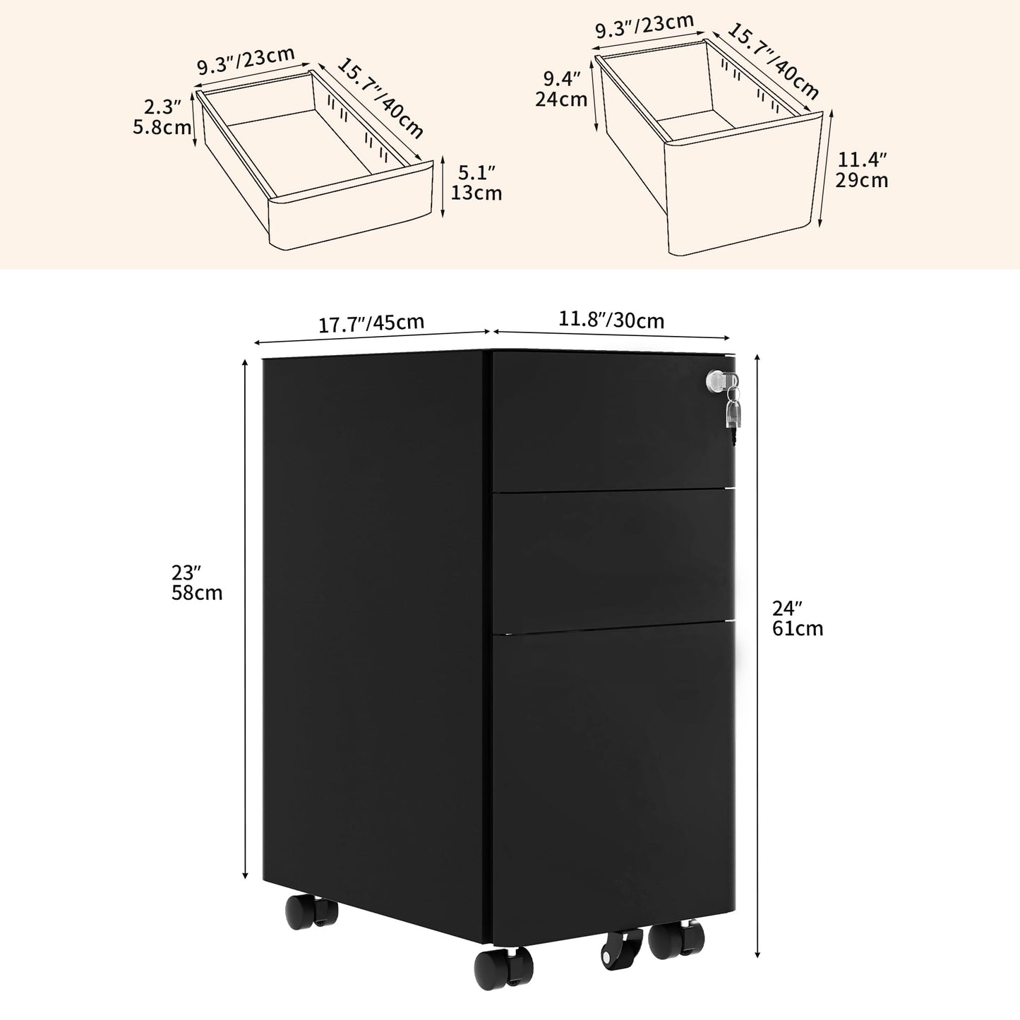 DWVO 3 Drawer Lockable Filing Cabinet Mobile Steel Office Black 30x45x61cm