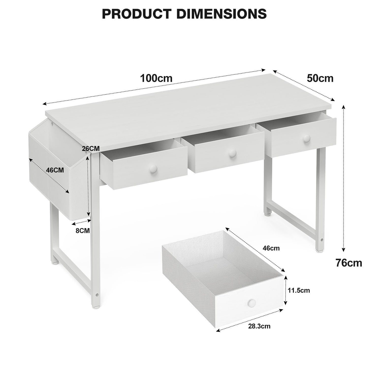 Grandder Small Computer Desk with 3 Fabric Drawers, 100 x 40 cm Home Office Desk with Storage Bags and Drawers