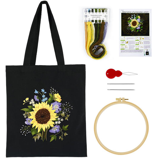 Canvas Tote Bag Embroidery Kits for Beginners Adults, Stamped Embroidery Starter Kit with Floral Pattern, Art DIY Craft Sewing Cross Stitch Kit Tote
