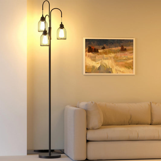 Industrial Floor Lamp for Living Room, 190cm Dimmable Standing Lamp, 3 LED Bulbs Included, E27 Sockets Standing Tree Lamp with Wire Cage Lampshade for