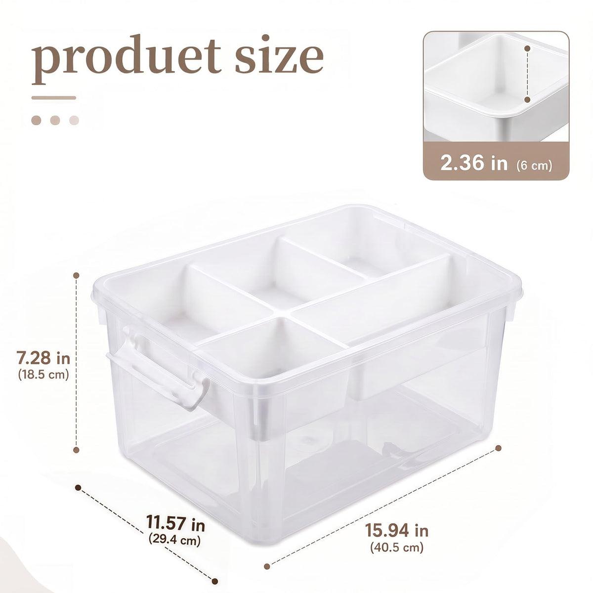 Craft Storage 5 Compartment Removable Tray with Gray Handle, Clear Storage Box with Lid, Stackable Craft Box for Art Supplies, Beads, Sewing Tools