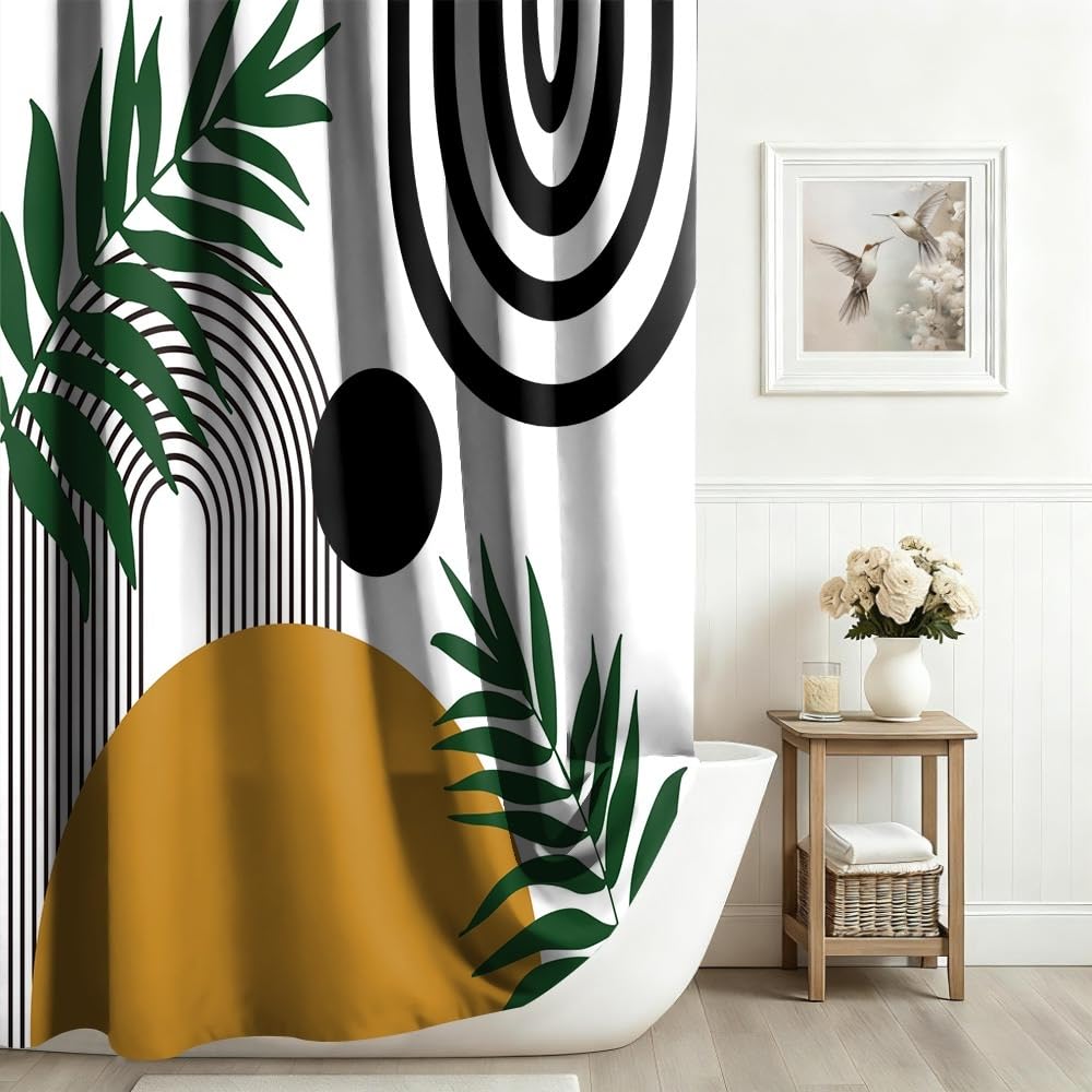 Xiaoterna Boho Shower Curtain Rustic Black Arch Lines Green Leaves Bathroom Curtain Retro Abstract Sun Leaves Lines White Waterproof Machine Washable