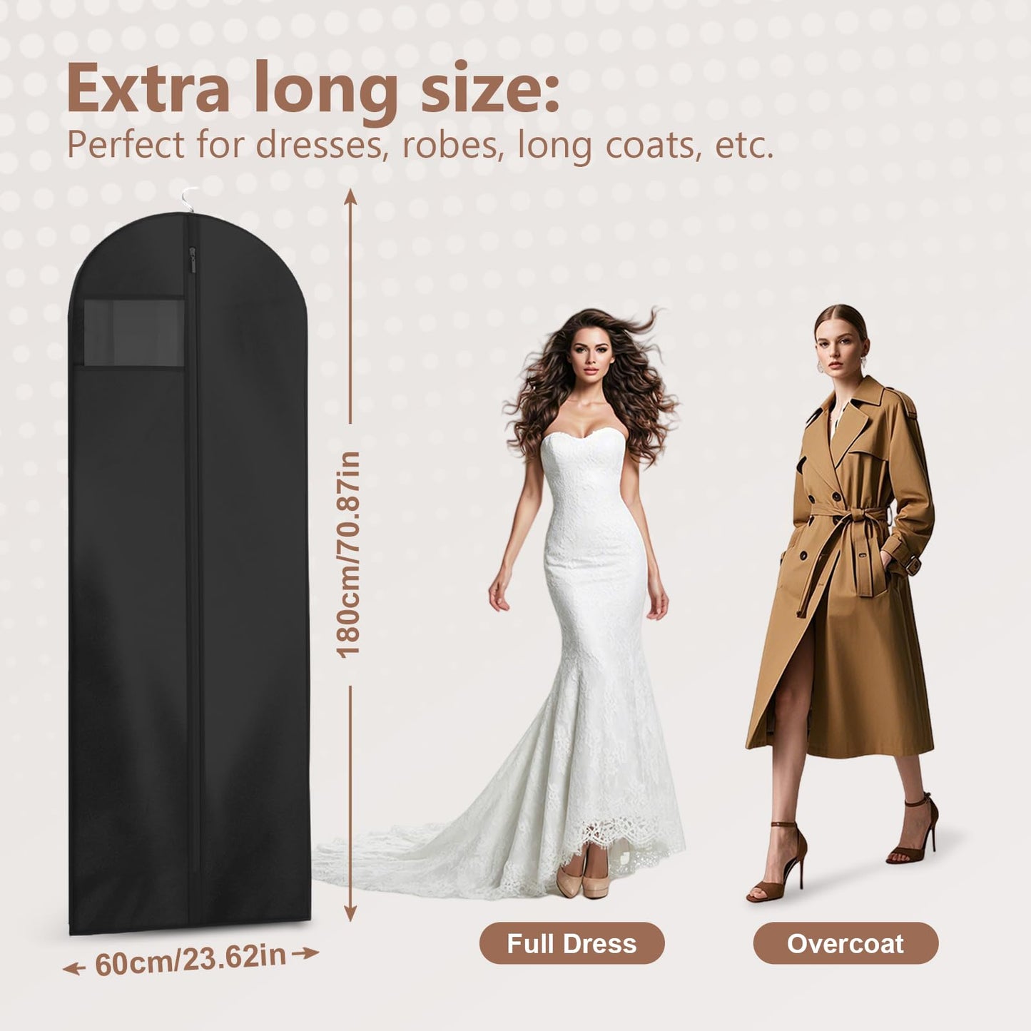 AMFUN 2 PCS Dress Bag,Full Length Travel Suit Bag with Zipper, Dust-proof Clothes Covers Protector Bags,Gown Garment Bag for Long Dresses, 180×60 cm