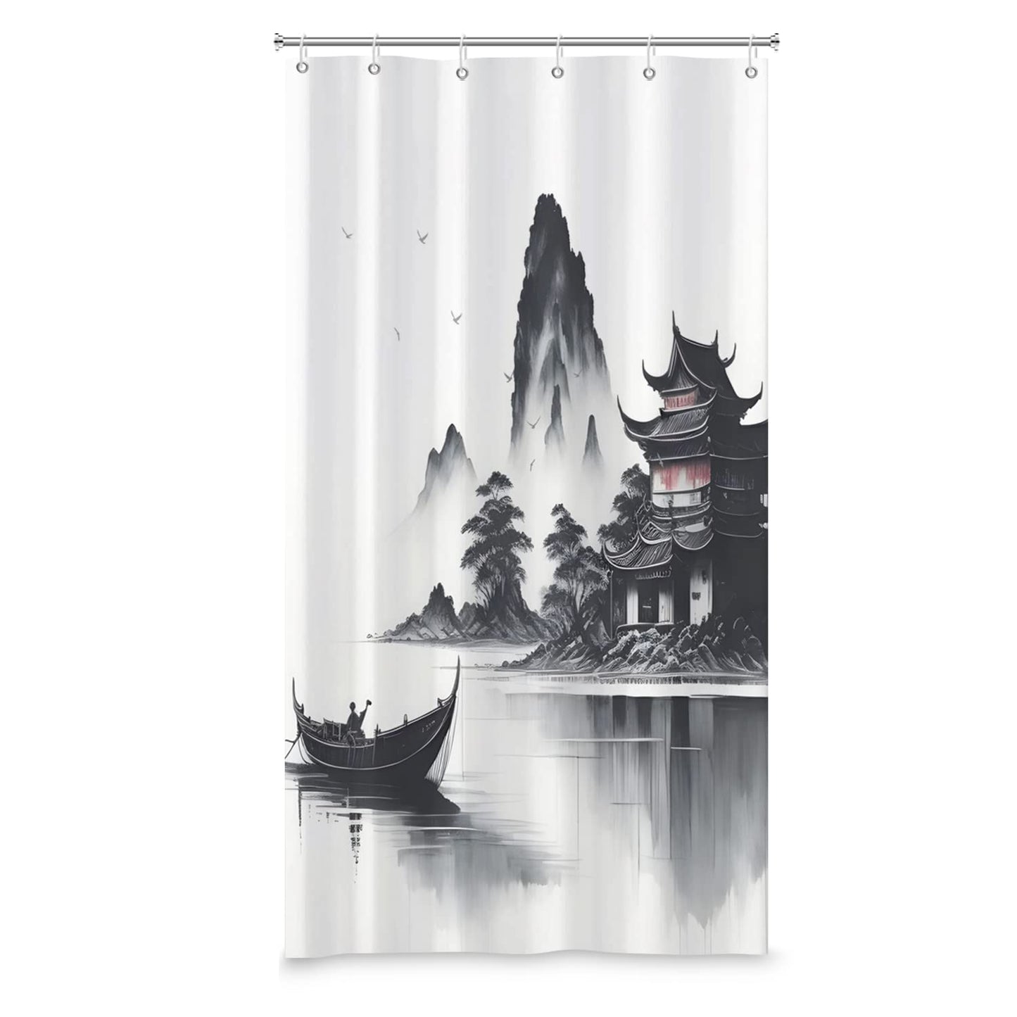 SDOTPMT 90x180cm Japanese Asian Ink Painting Shower Curtain Foggy Mountain Boat Wild Goose Bathtub Curtain Outdoor Natural Scenery Bath Curtain for