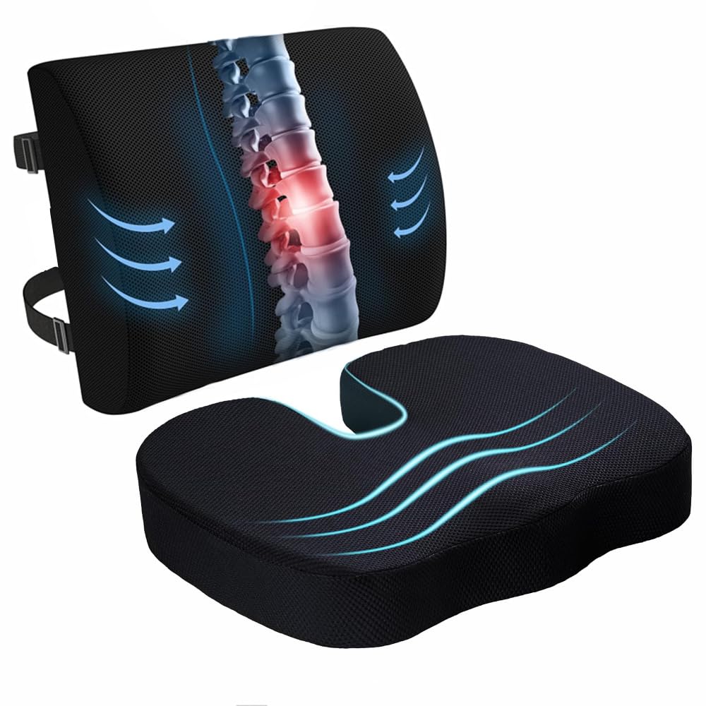 Kongming 2 in 1 Seat Cushion & Lumbar Support Cushion for Car,Wheelchair,Memory Foam Back Support for Office Chair with Adjustable Strap,Coccyx