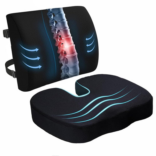 Kongming 2 in 1 Seat Cushion & Lumbar Support Cushion for Car,Wheelchair,Memory Foam Back Support for Office Chair with Adjustable Strap,Coccyx