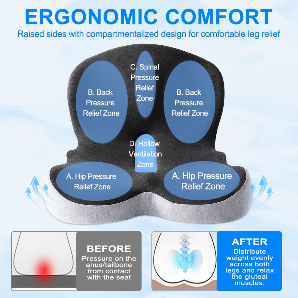 Weciau Memory Foam Seat Cushion, Ergonomic Coccyx Cushion for Tailbone Pain with Non-Slip Base, Detachable Office Chair Cushions for Workers