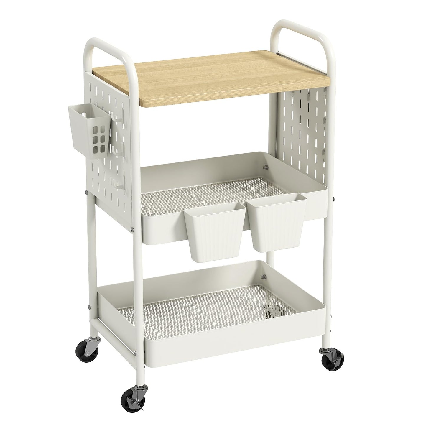 danpinera 3 Tier Rolling Cart, Metal Utility Cart with Wooden Table Top & DIY Pegboard, Rolling Carts