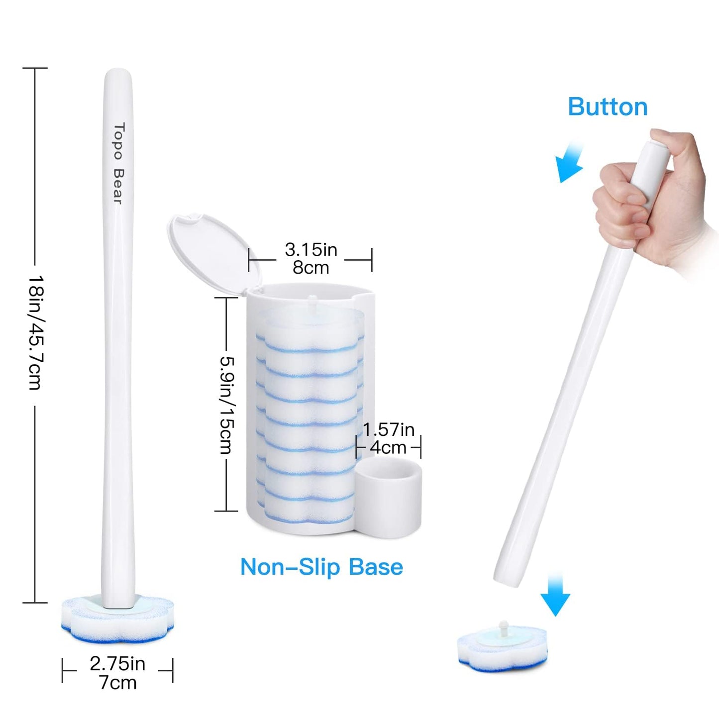 Topo Bear Disposable Toilet Brush Holder Set Toilet Wand (Pack of 2) Toilet Cleaner Scrubber with 24 Refills