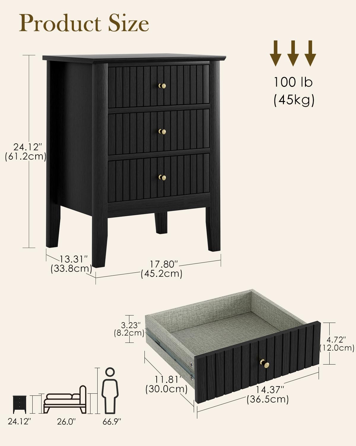 HEYZOEY Black Country Bedside Table, 3 Fluted Drawers, 17.8×13.3×24 in