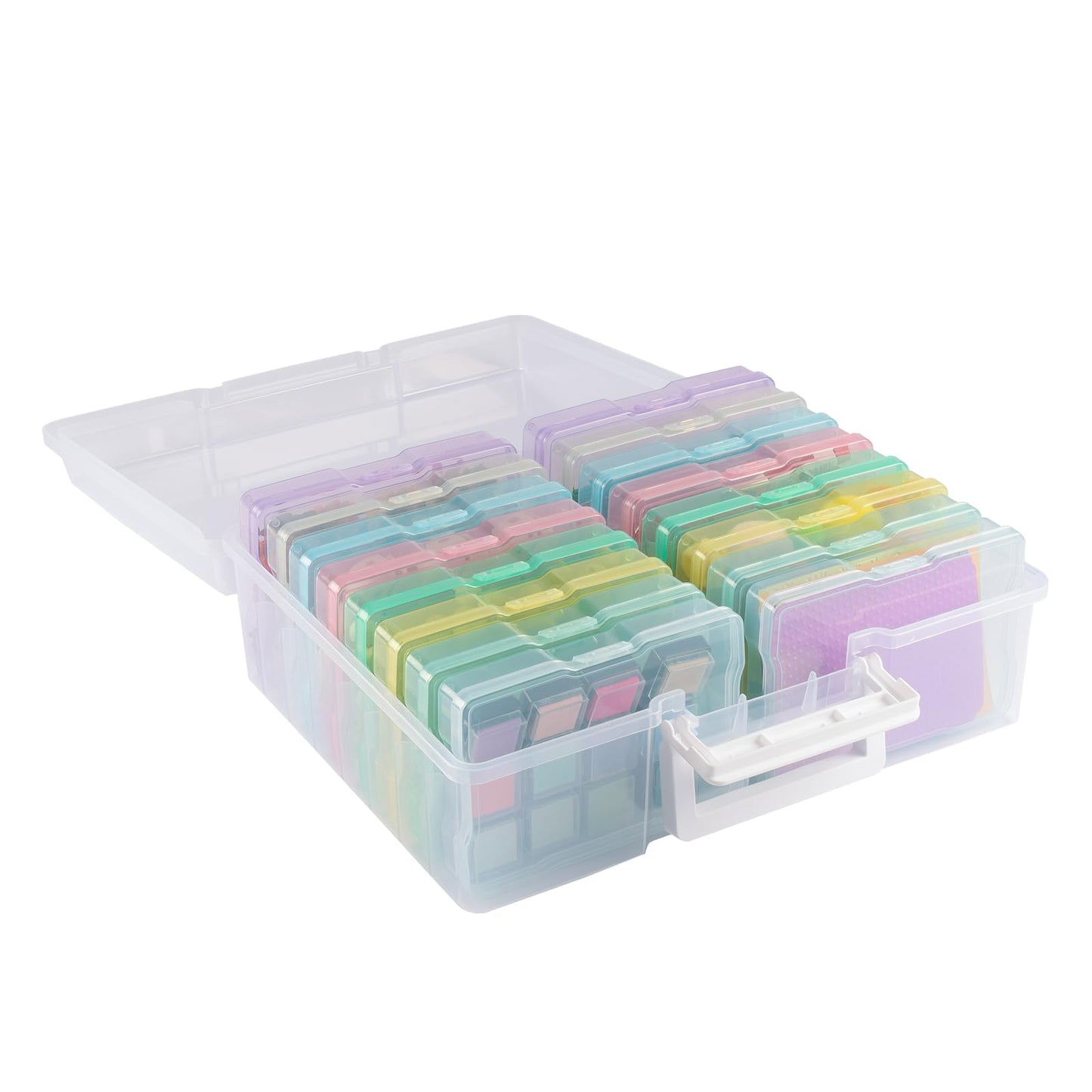 Vaessen Creative Plastic Storage Box with Lid 37,5 x 30 x 13 cm - 16 Cases of 17 x 12 x 3 cm in 8 Colours - Clear Organiser for Sewing, Diamond Art